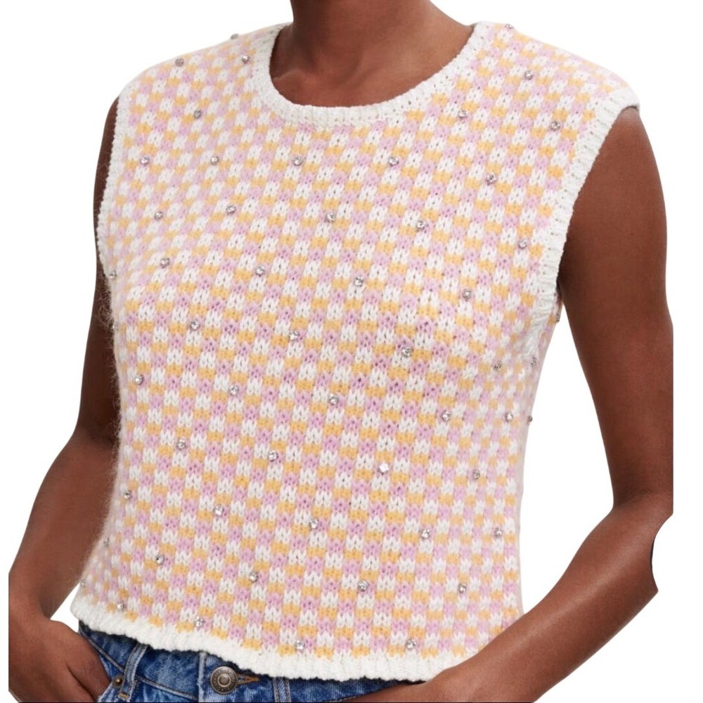 New Maje Sweater Vest Maree Crystal Rhinestone Pink Orange Check Women 2 Luxury